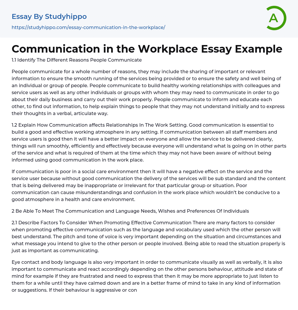 Communication in the Workplace Essay Example