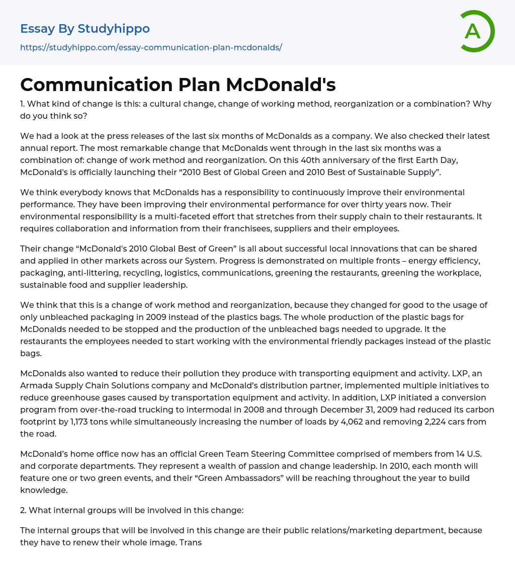Communication Plan McDonald’s Essay Example