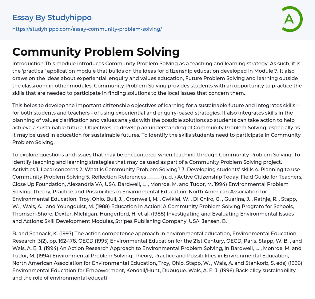 Community Problem Solving Essay Example
