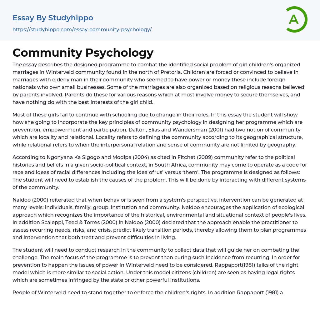 Community Psychology Essay Example