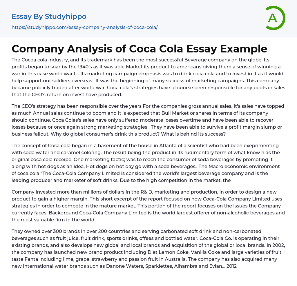 Company Analysis of Coca Cola Essay Example
