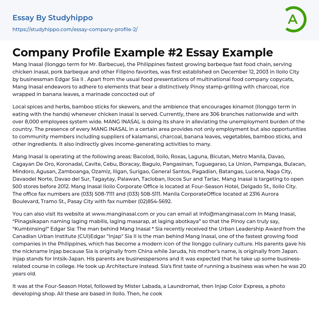 Company Profile Example #2 Essay Example