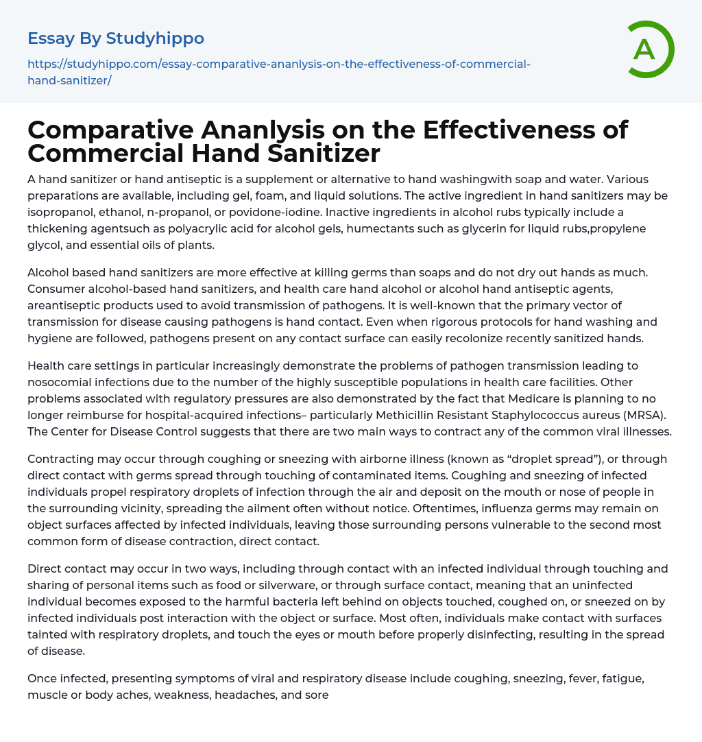 Comparative Ananlysis on the Effectiveness of Commercial Hand Sanitizer Essay Example