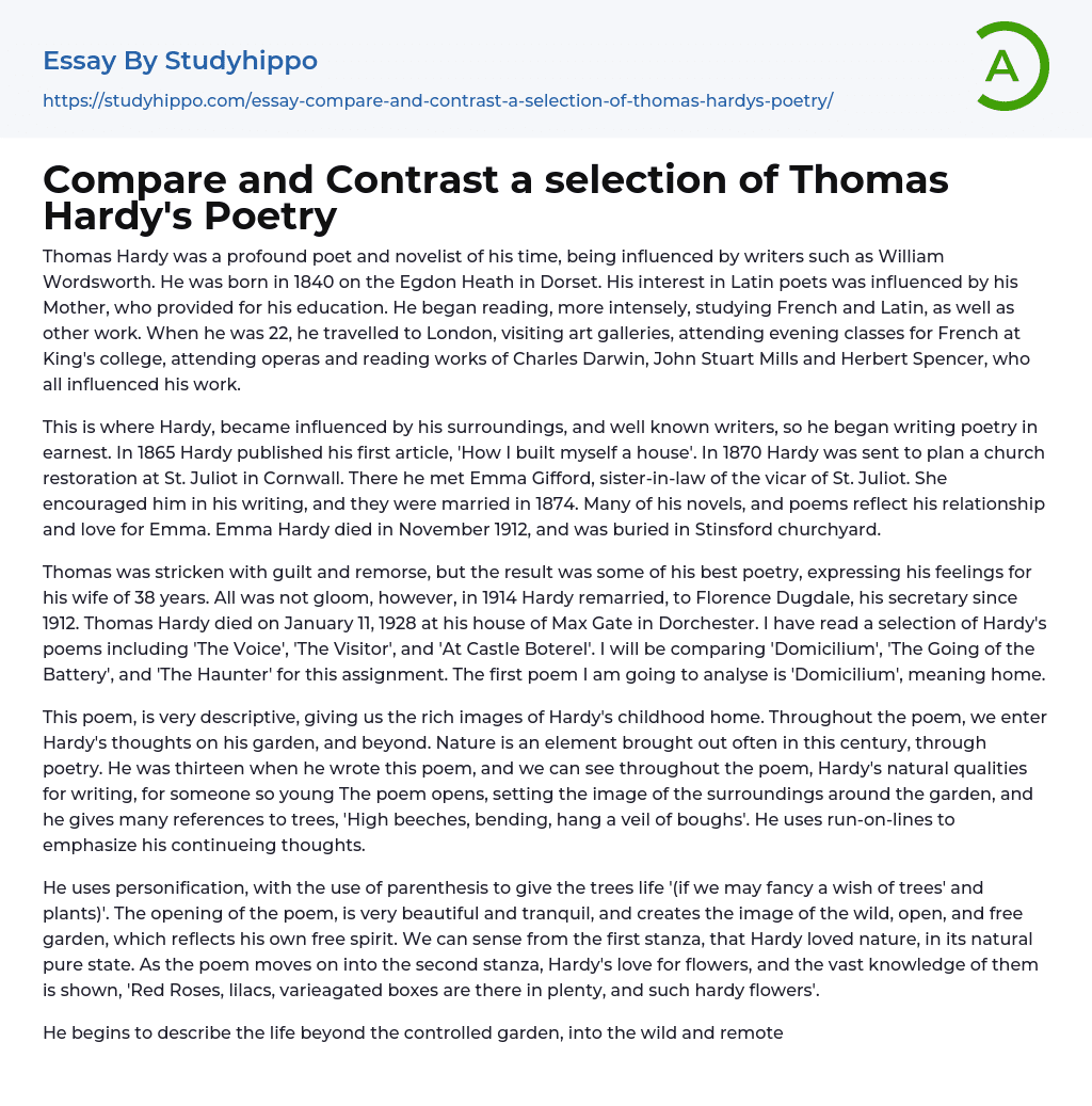 Compare and Contrast a selection of Thomas Hardy’s Poetry Essay Example