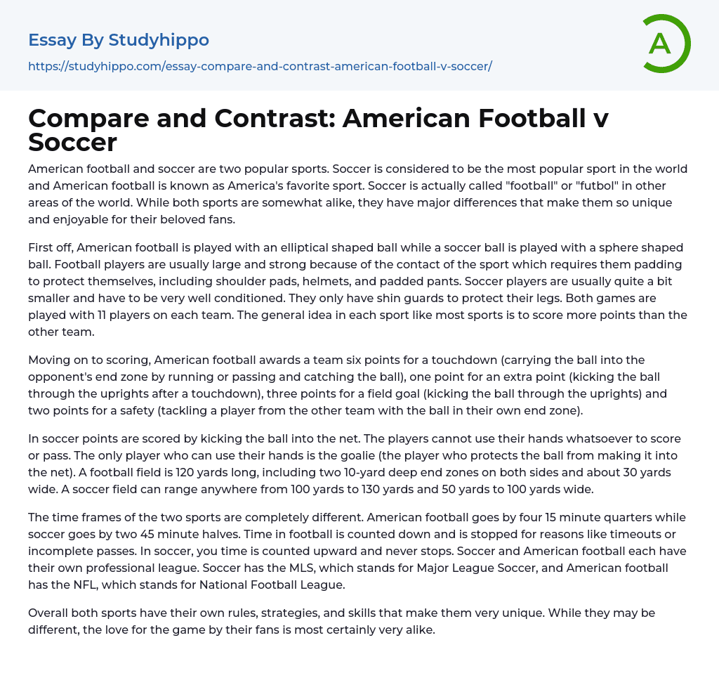 Compare and Contrast: American Football v Soccer Essay Example