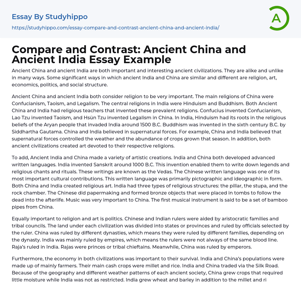 Compare and Contrast: Ancient China and Ancient India Essay Example