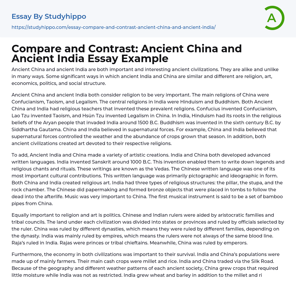 Compare And Contrast Ancient China And Ancient India Essay Example 