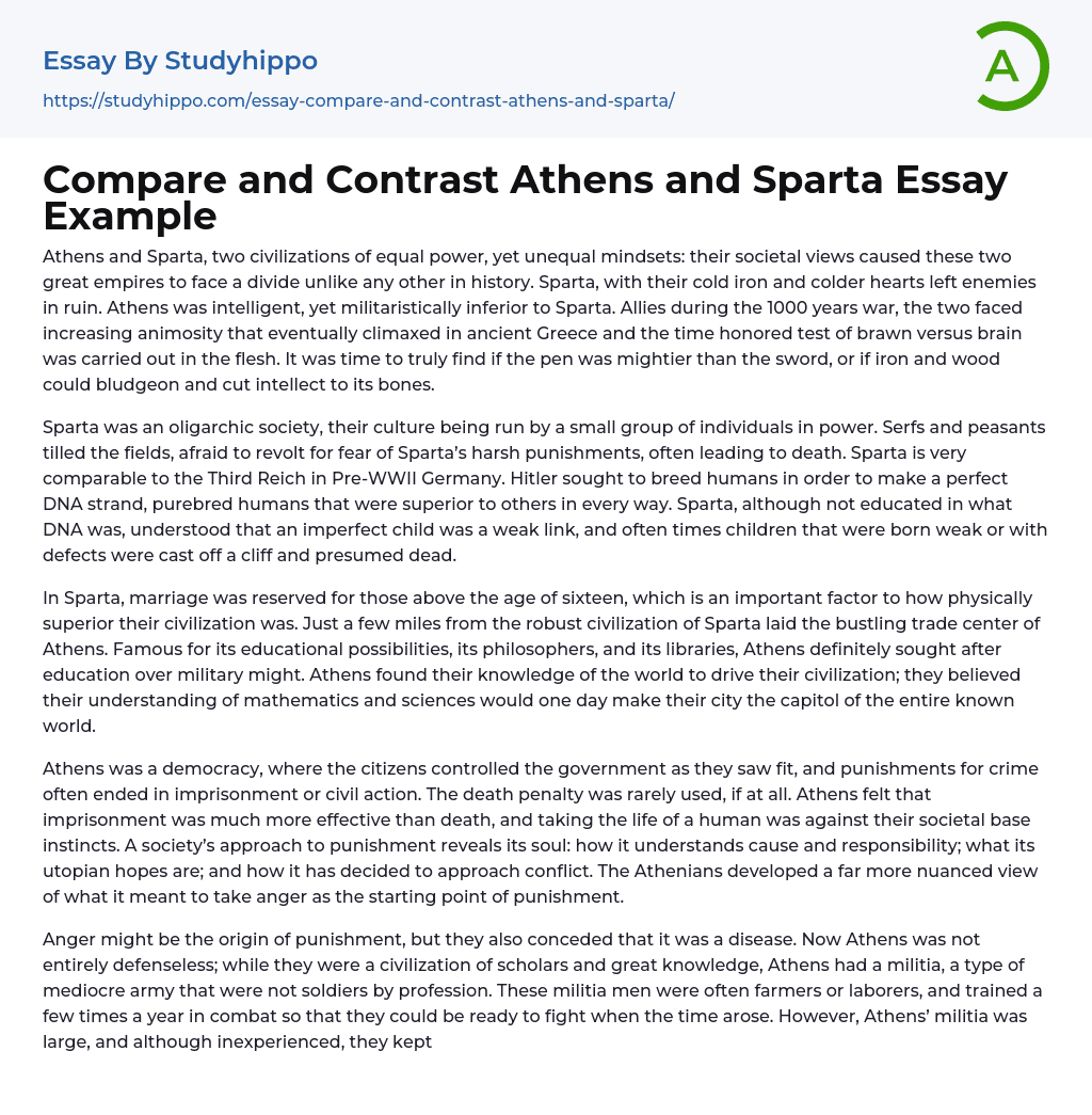Compare and Contrast Athens and Sparta Essay Example