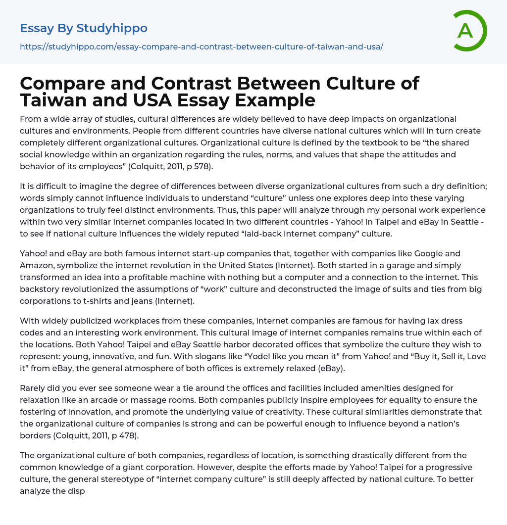 Compare and Contrast Between Culture of Taiwan and USA Essay Example