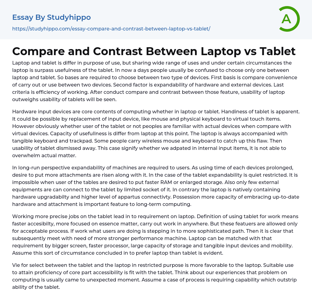 Compare and Contrast Between Laptop vs Tablet Essay Example