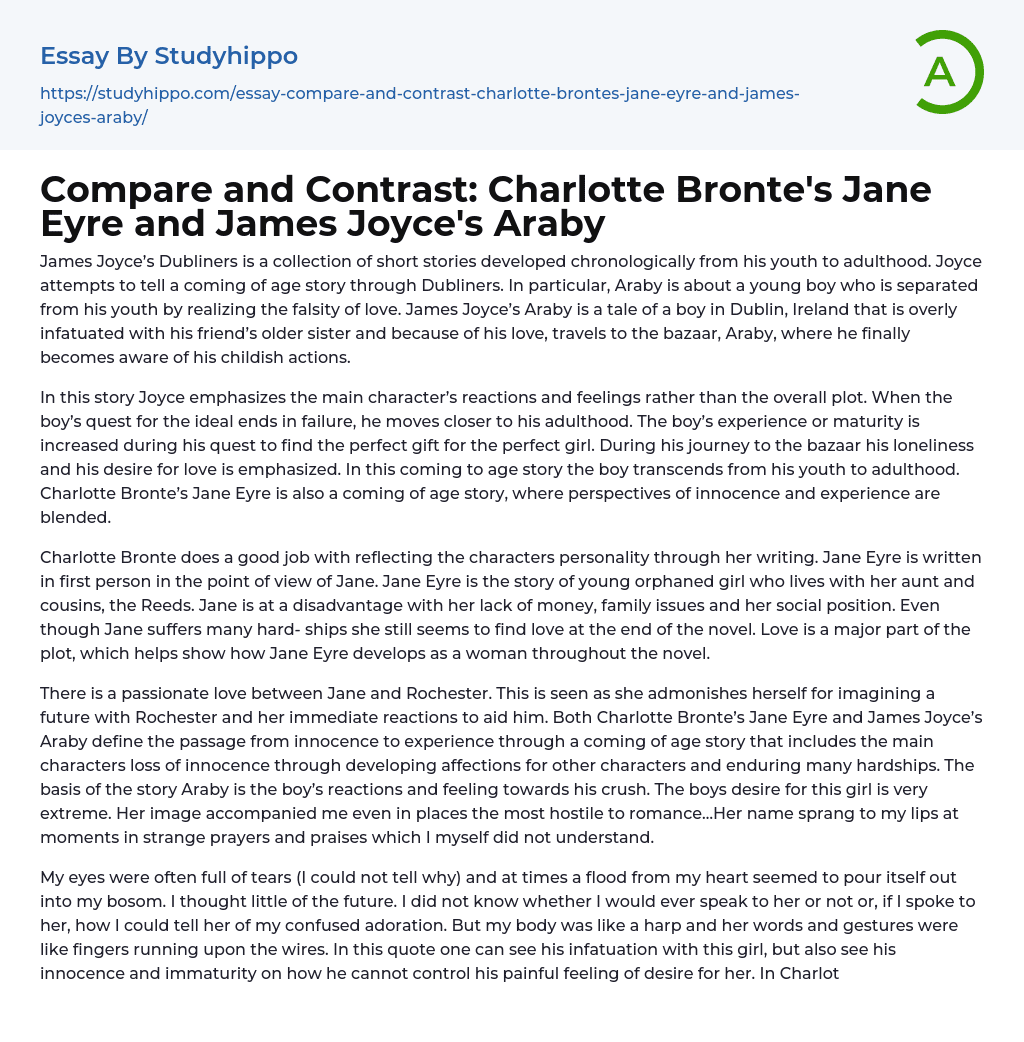 Compare and Contrast: Charlotte Bronte’s Jane Eyre and James Joyce’s Araby Essay Example