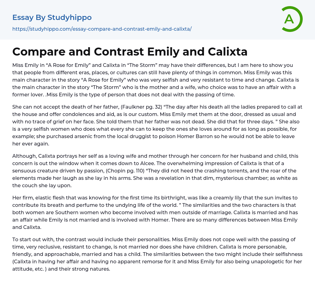 Compare and Contrast Emily and Calixta Essay Example