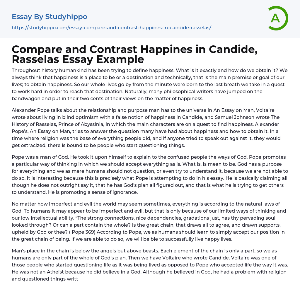 Compare and Contrast Happines in Candide, Rasselas Essay Example