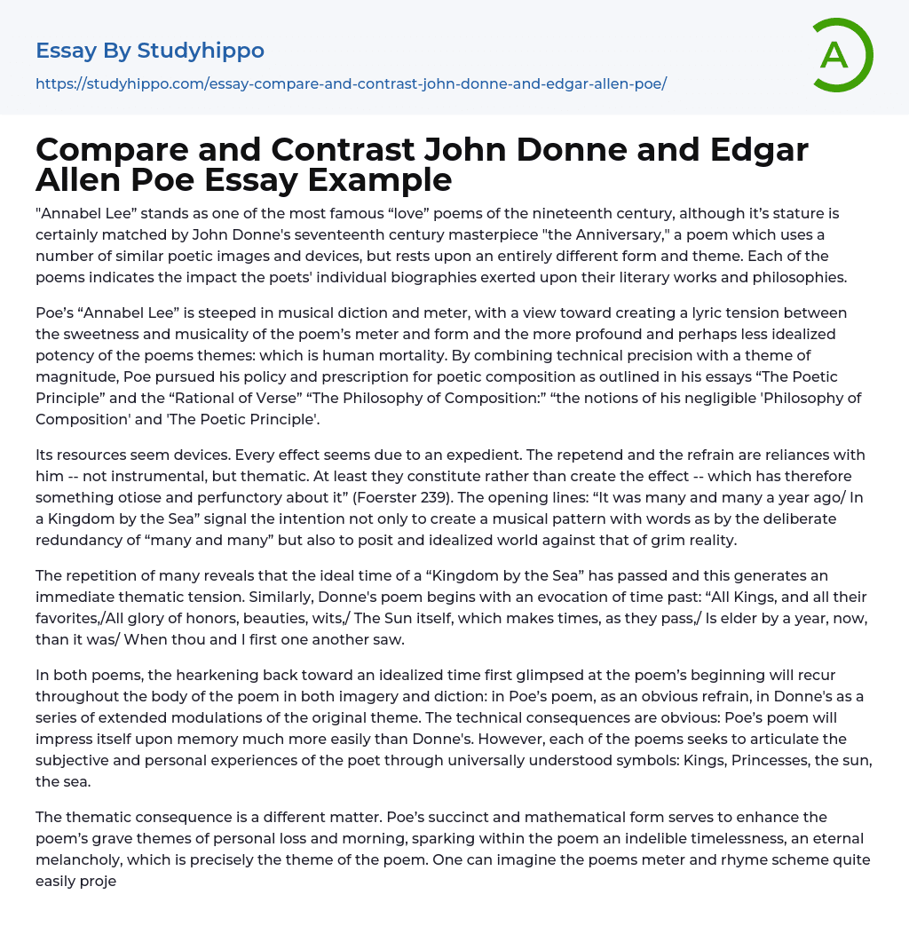 Compare and Contrast John Donne and Edgar Allen Poe Essay Example