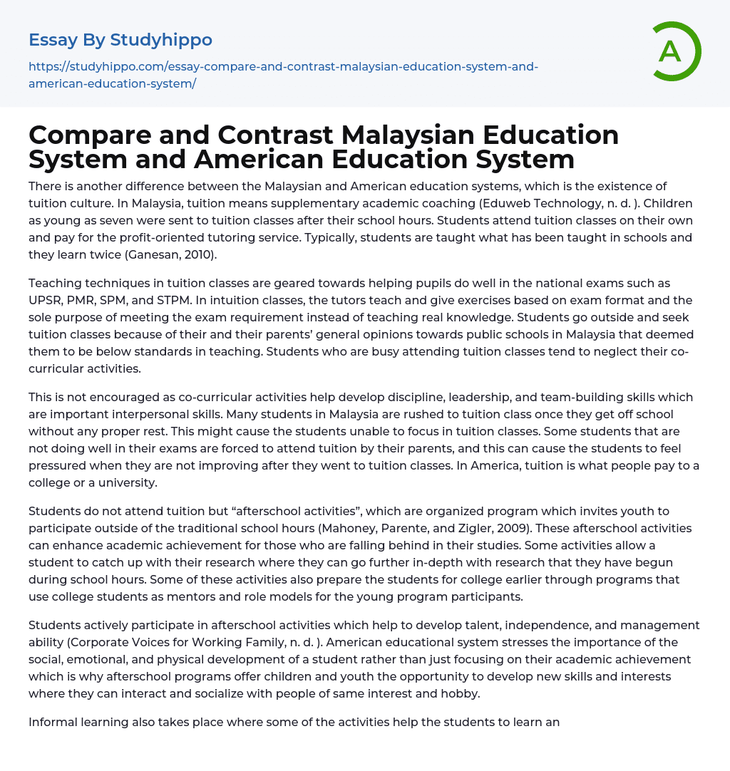 Compare and Contrast Malaysian Education System and American Education System Essay Example