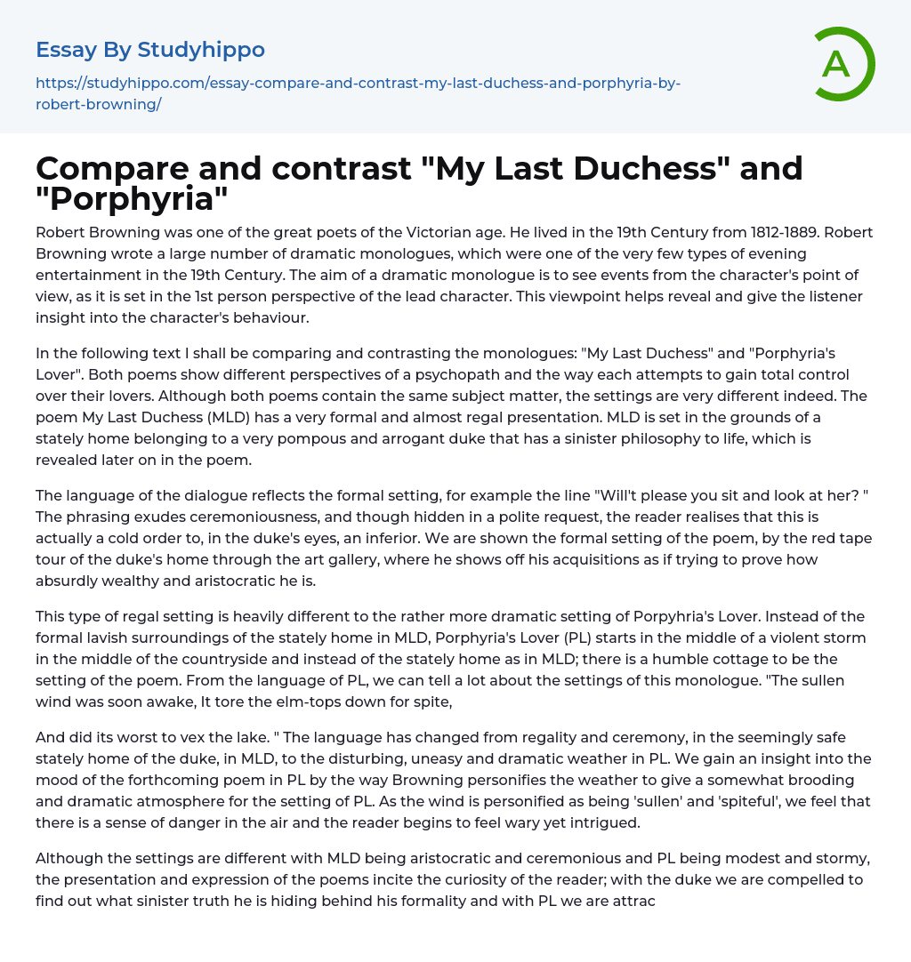 Compare and contrast “My Last Duchess” and “Porphyria” Essay Example