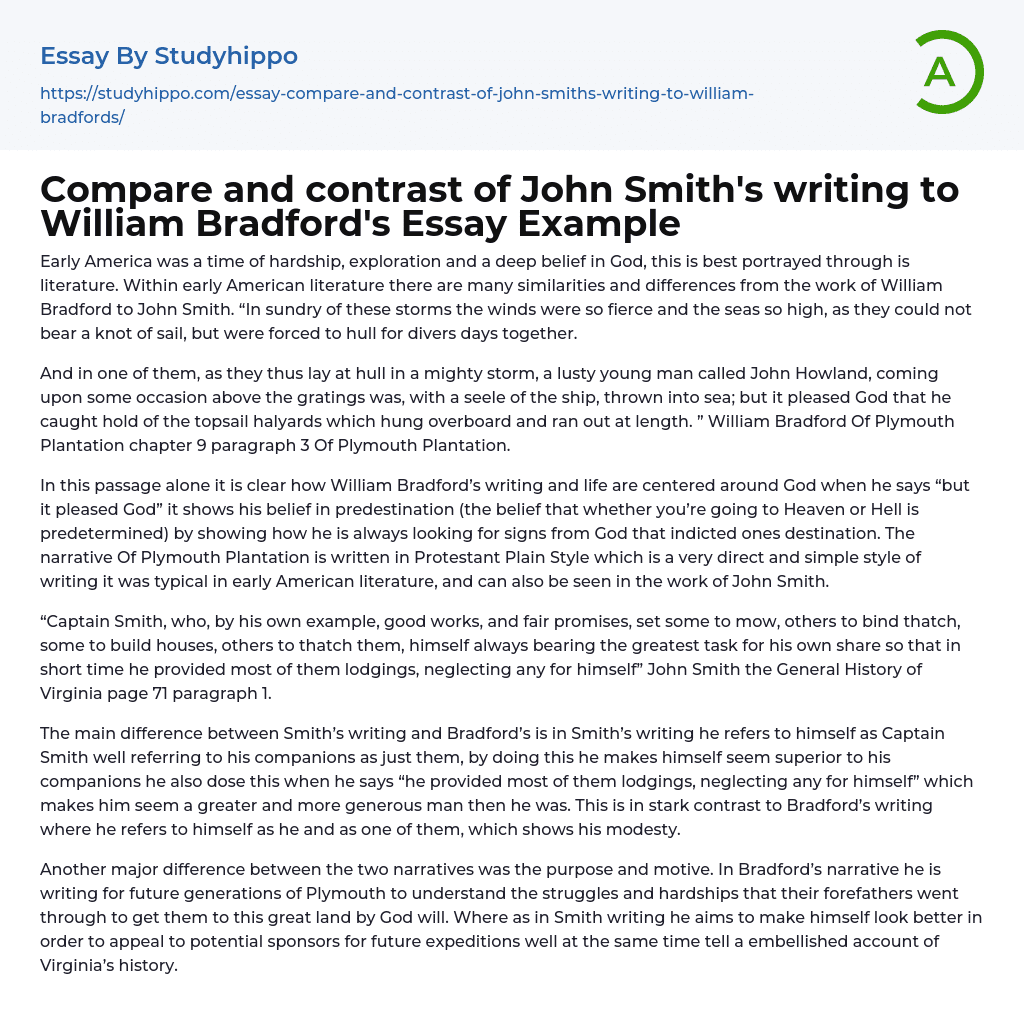 Compare and contrast of John Smith’s writing to William Bradford’s Essay Example