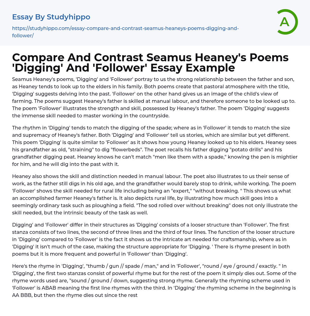 Compare And Contrast Seamus Heaney’s Poems ‘Digging’ And ‘Follower’ Essay Example