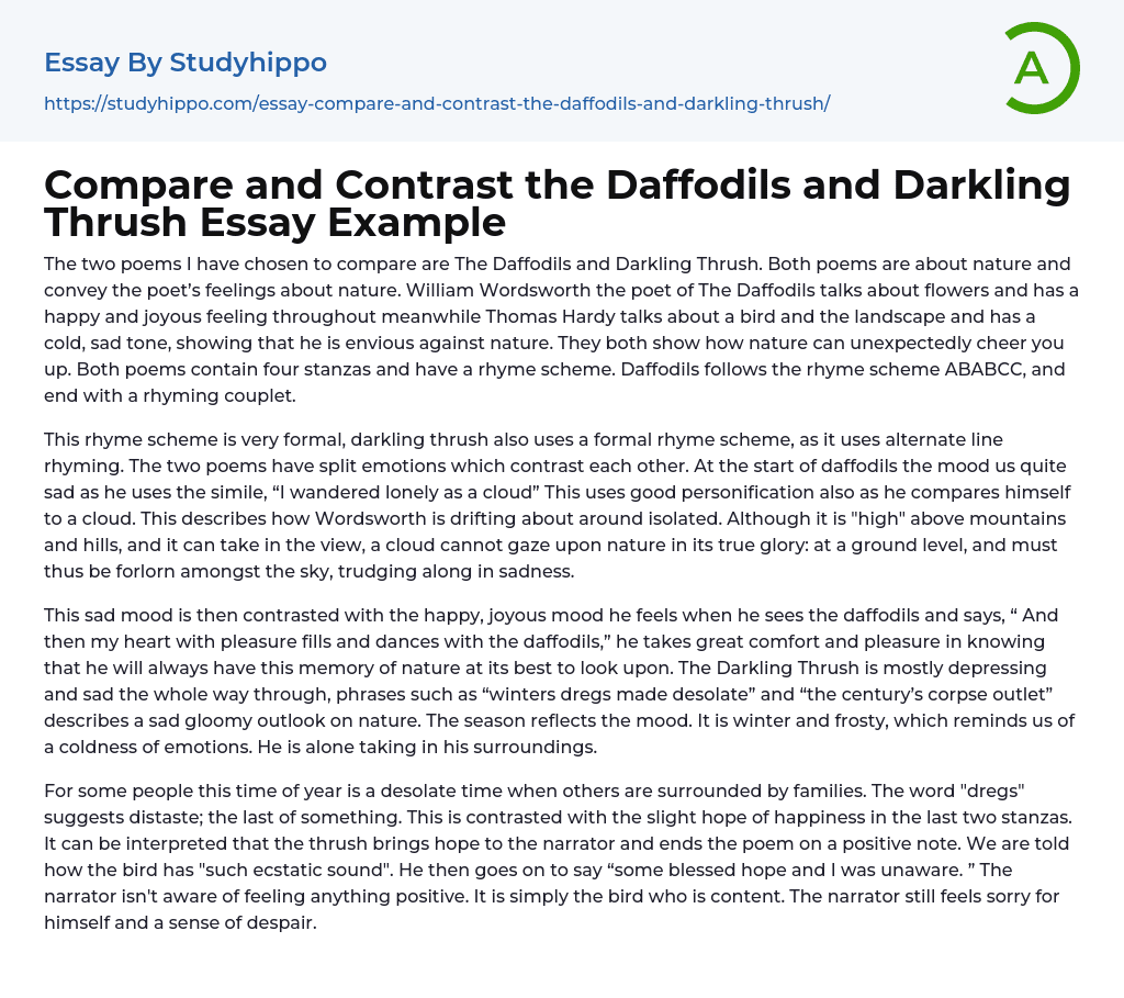 Compare and Contrast the Daffodils and Darkling Thrush Essay Example
