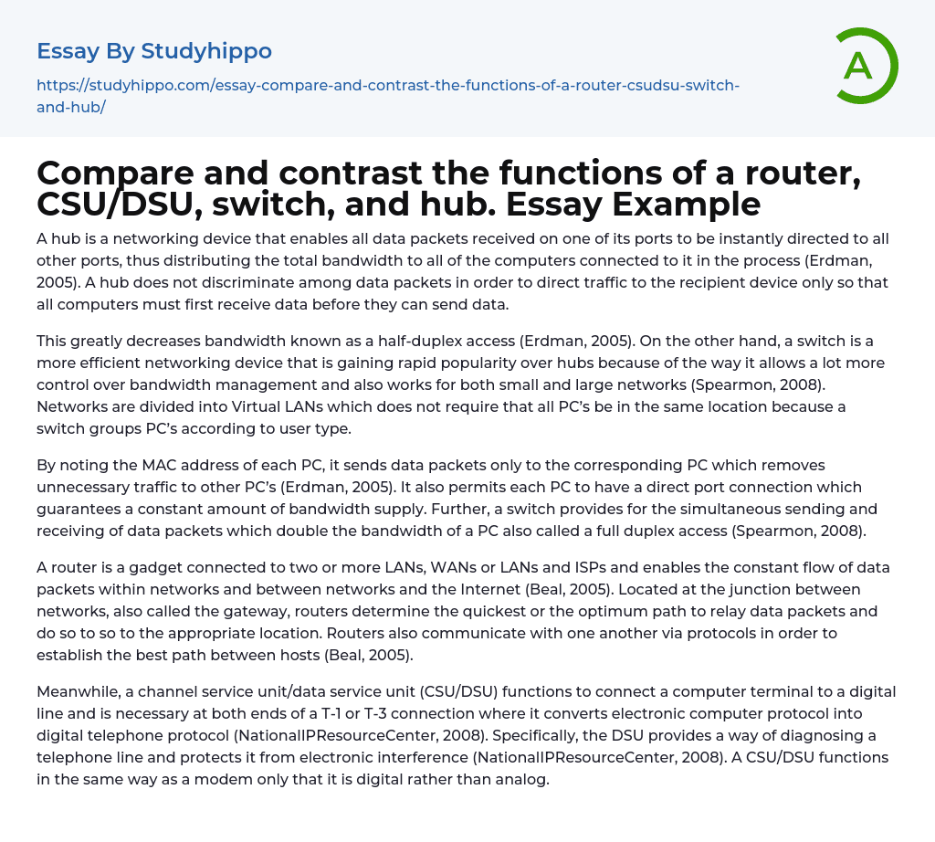 Compare and contrast the functions of a router, CSU/DSU, switch, and hub. Essay Example