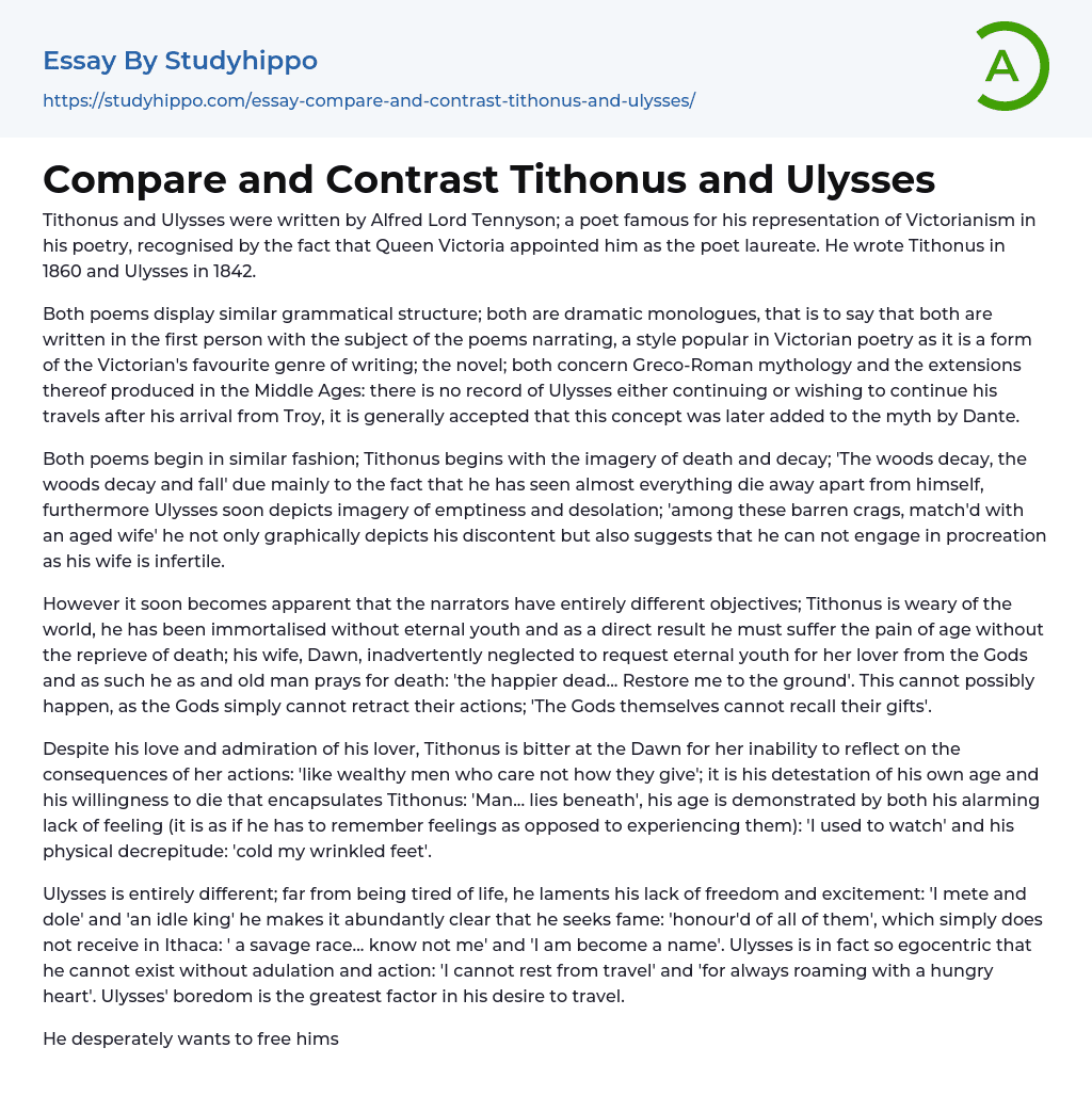 Compare and Contrast Tithonus and Ulysses Essay Example