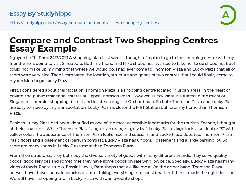 Compare and Contrast Two Shopping Centres Essay Example