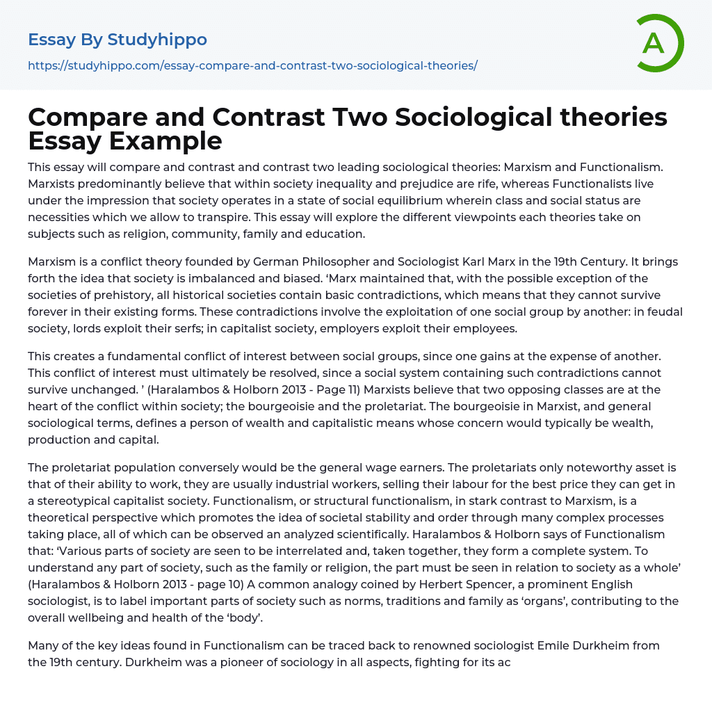 Compare and Contrast Two Sociological theories Essay Example