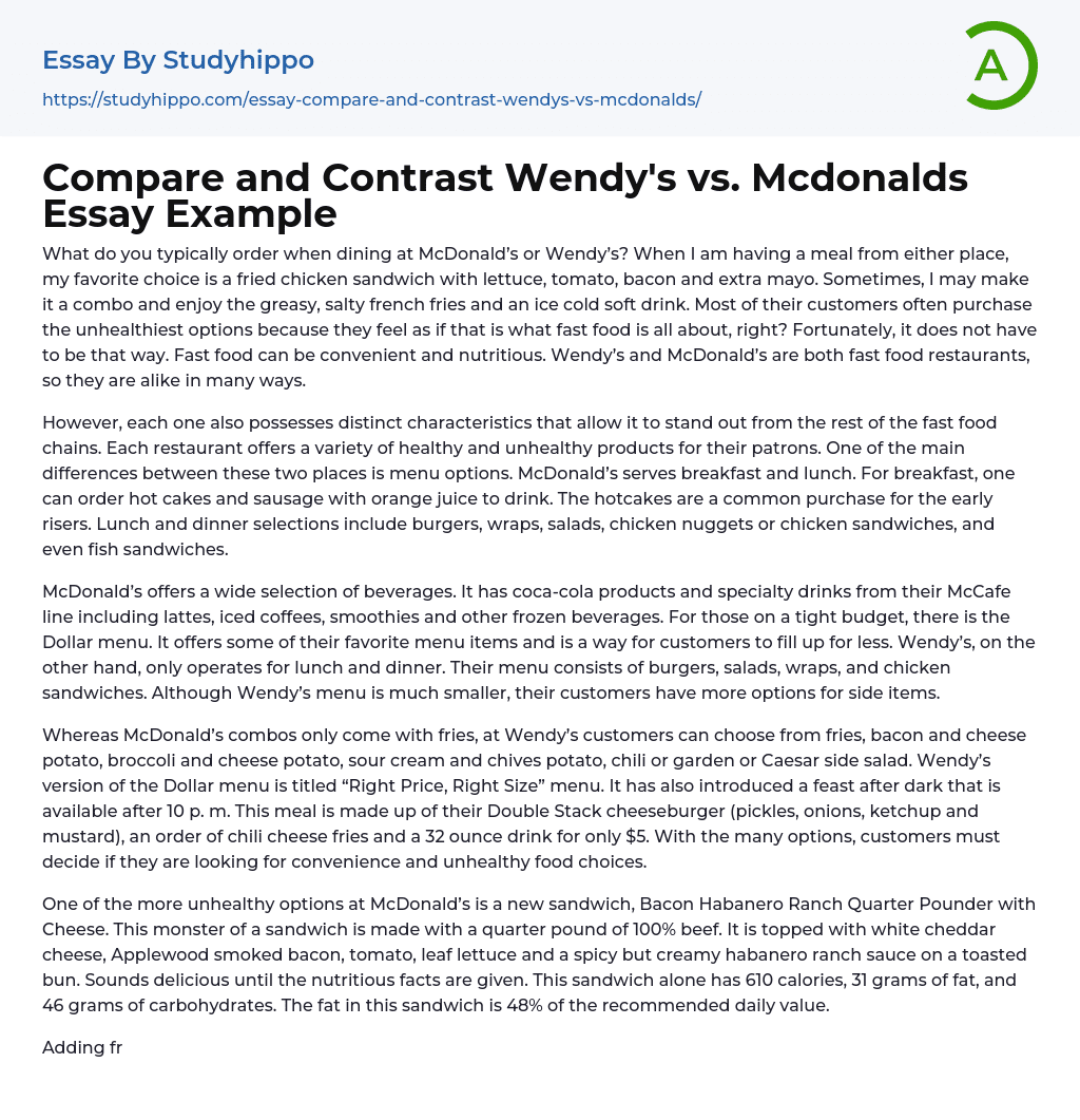 Compare and Contrast Wendy’s vs. Mcdonalds Essay Example