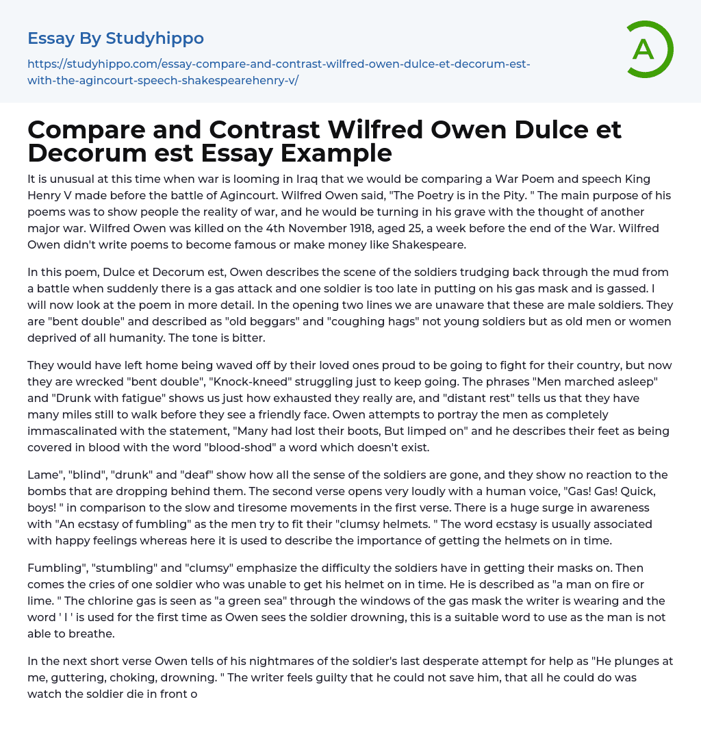 Compare and Contrast Wilfred Owen Dulce et Decorum est Essay Example
