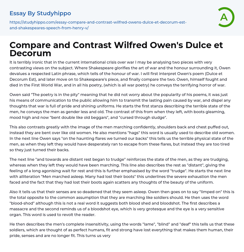 Compare and Contrast Wilfred Owen’s Dulce et Decorum Essay Example