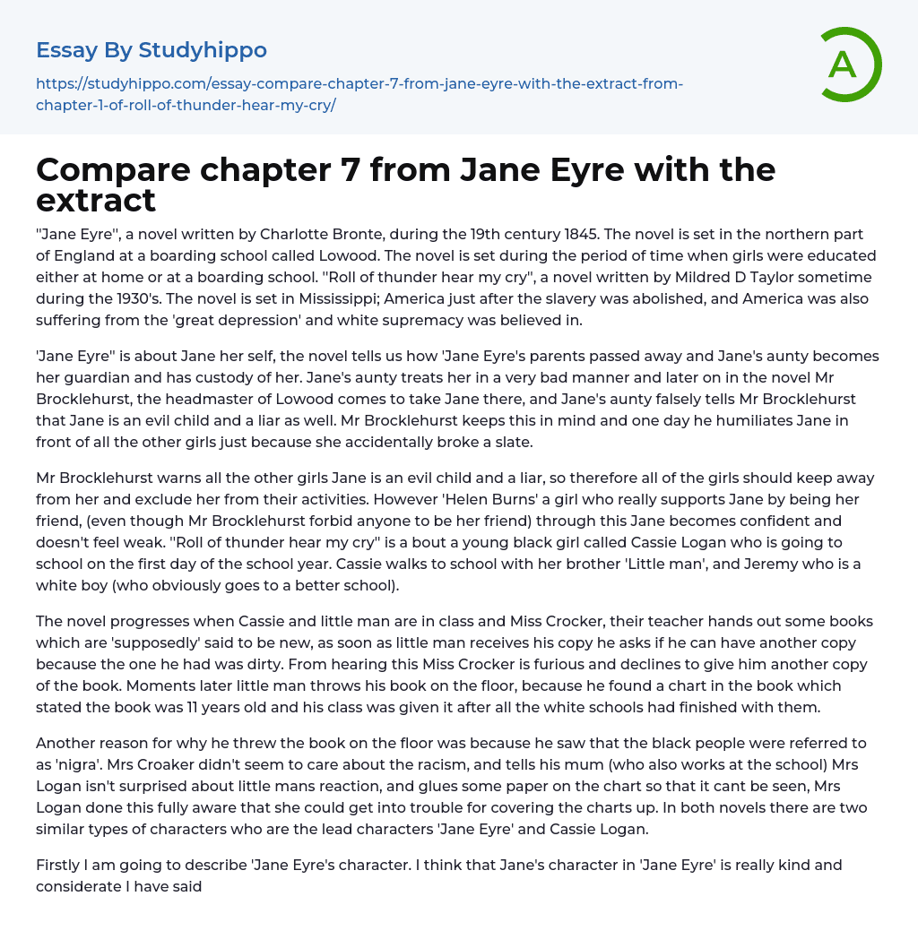 Compare chapter 7 from Jane Eyre with the extract Essay Example