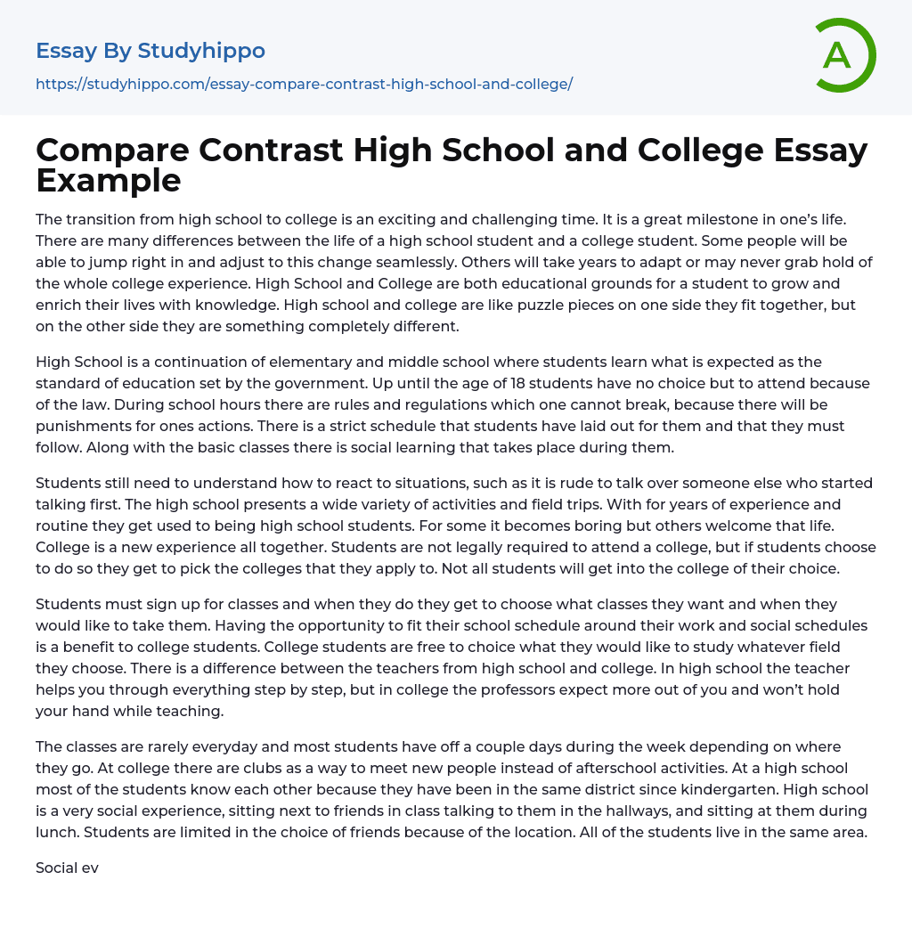 Compare Contrast High School and College Essay Example