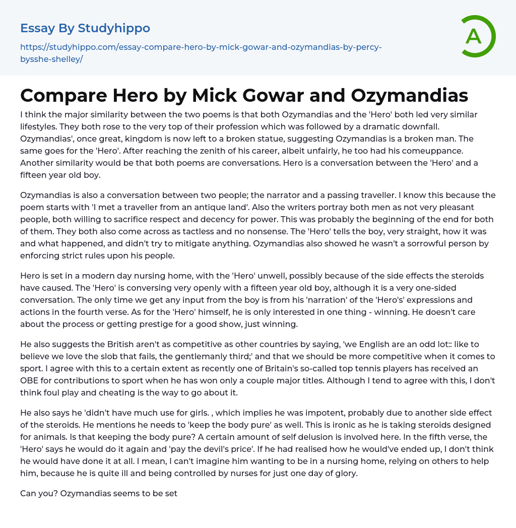 Compare Hero by Mick Gowar and Ozymandias Essay Example