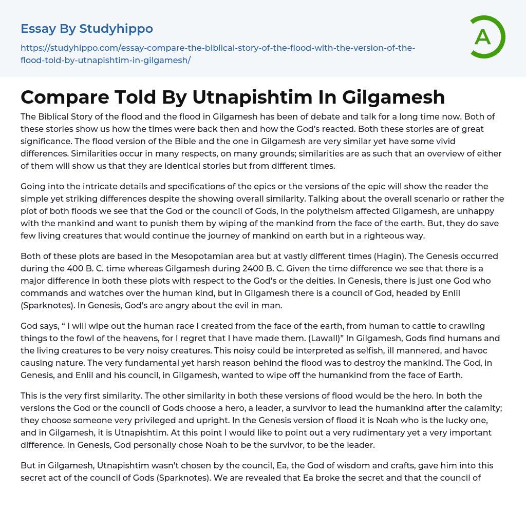 Compare Told By Utnapishtim In Gilgamesh Essay Example