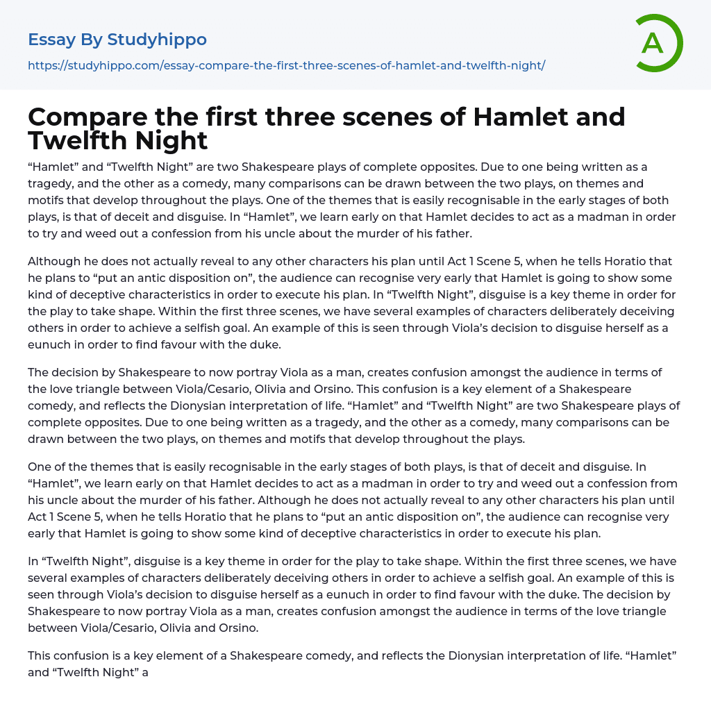 Compare the first three scenes of Hamlet and Twelfth Night Essay Example