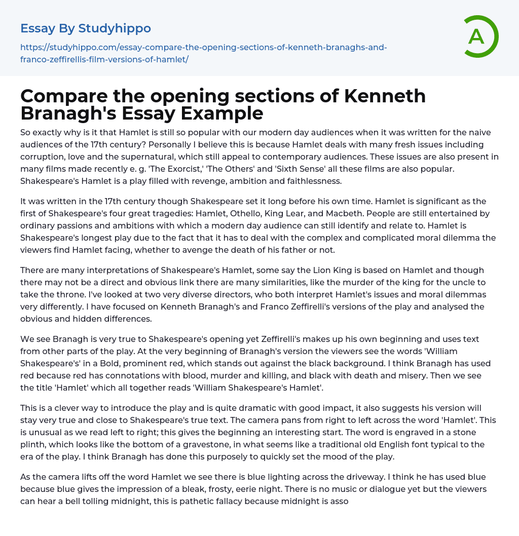 Compare the opening sections of Kenneth Branagh’s Essay Example