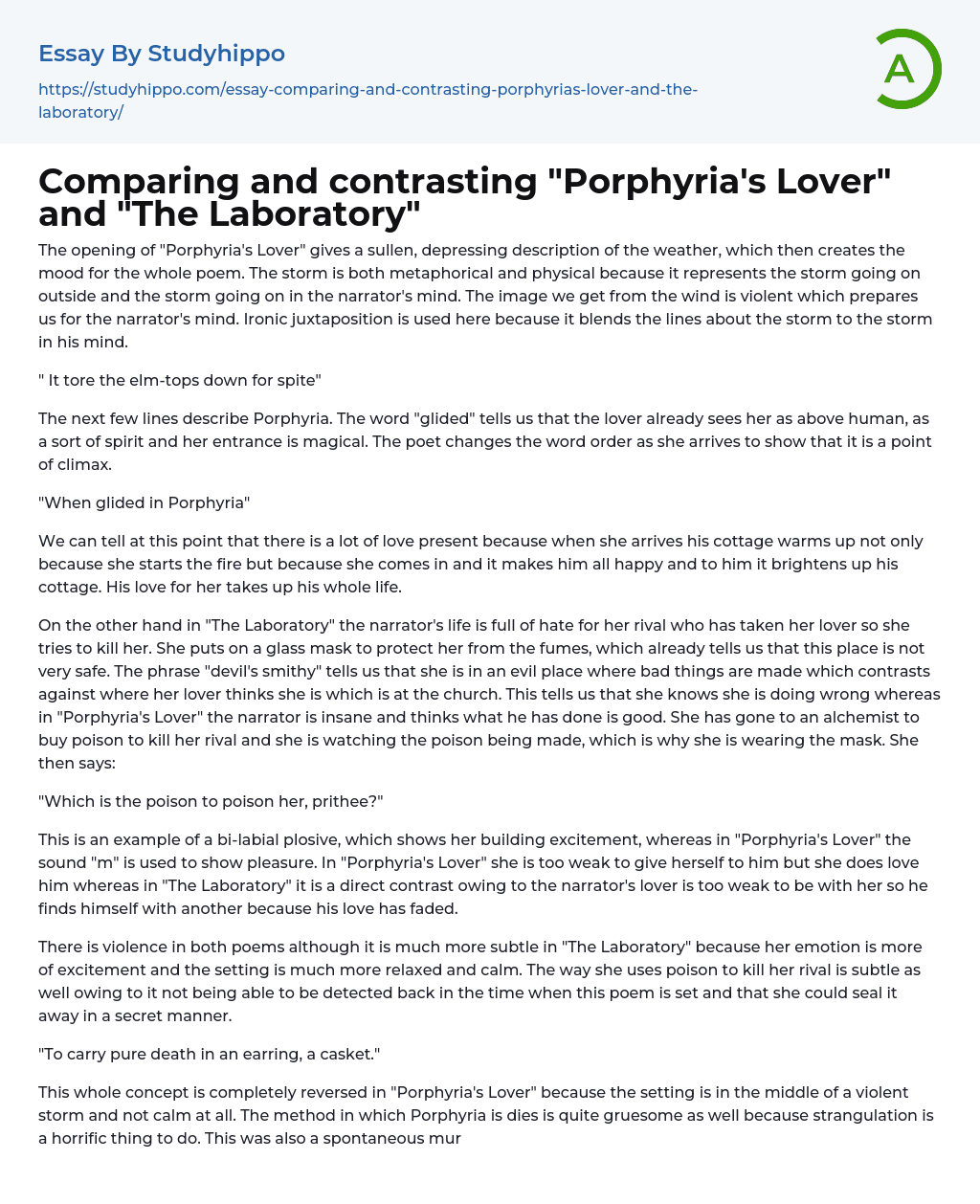 Comparing and contrasting “Porphyria’s Lover” and “The Laboratory” Essay Example