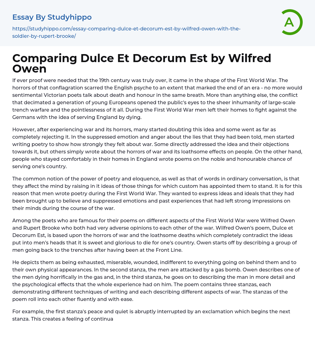 Comparing Dulce Et Decorum Est by Wilfred Owen Essay Example