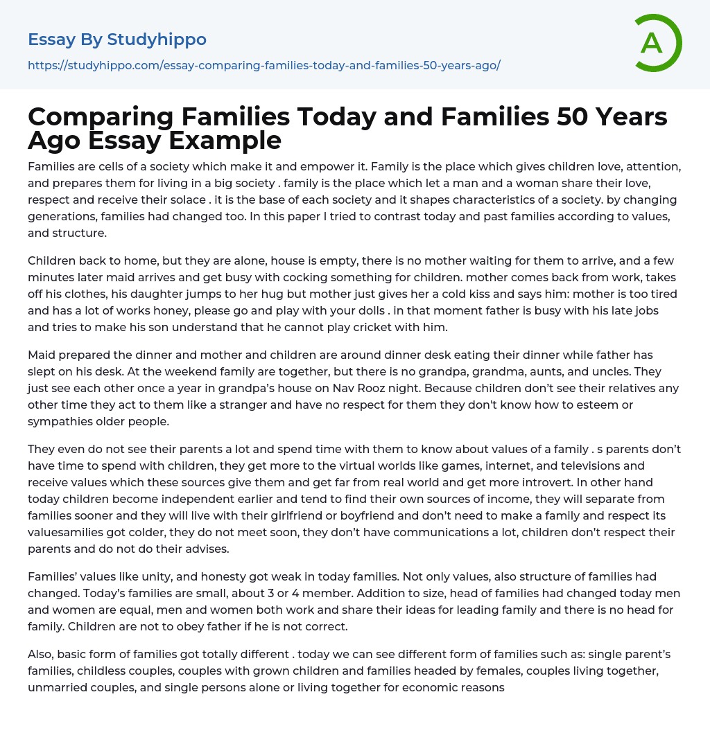 Comparing Families Today and Families 50 Years Ago Essay Example