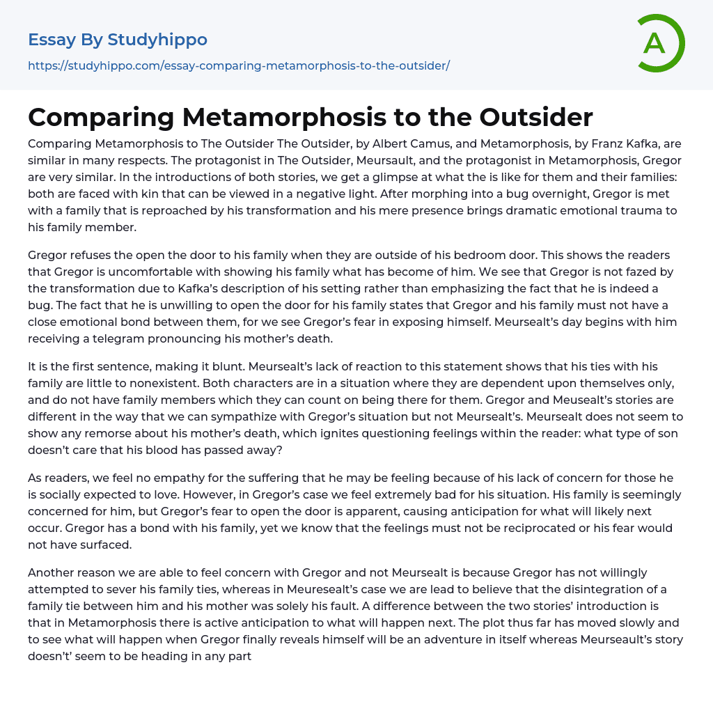 Comparing Metamorphosis to the Outsider Essay Example