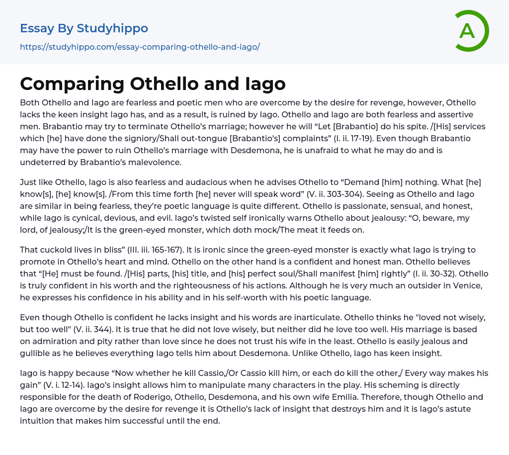 Comparing Othello and Iago Essay Example
