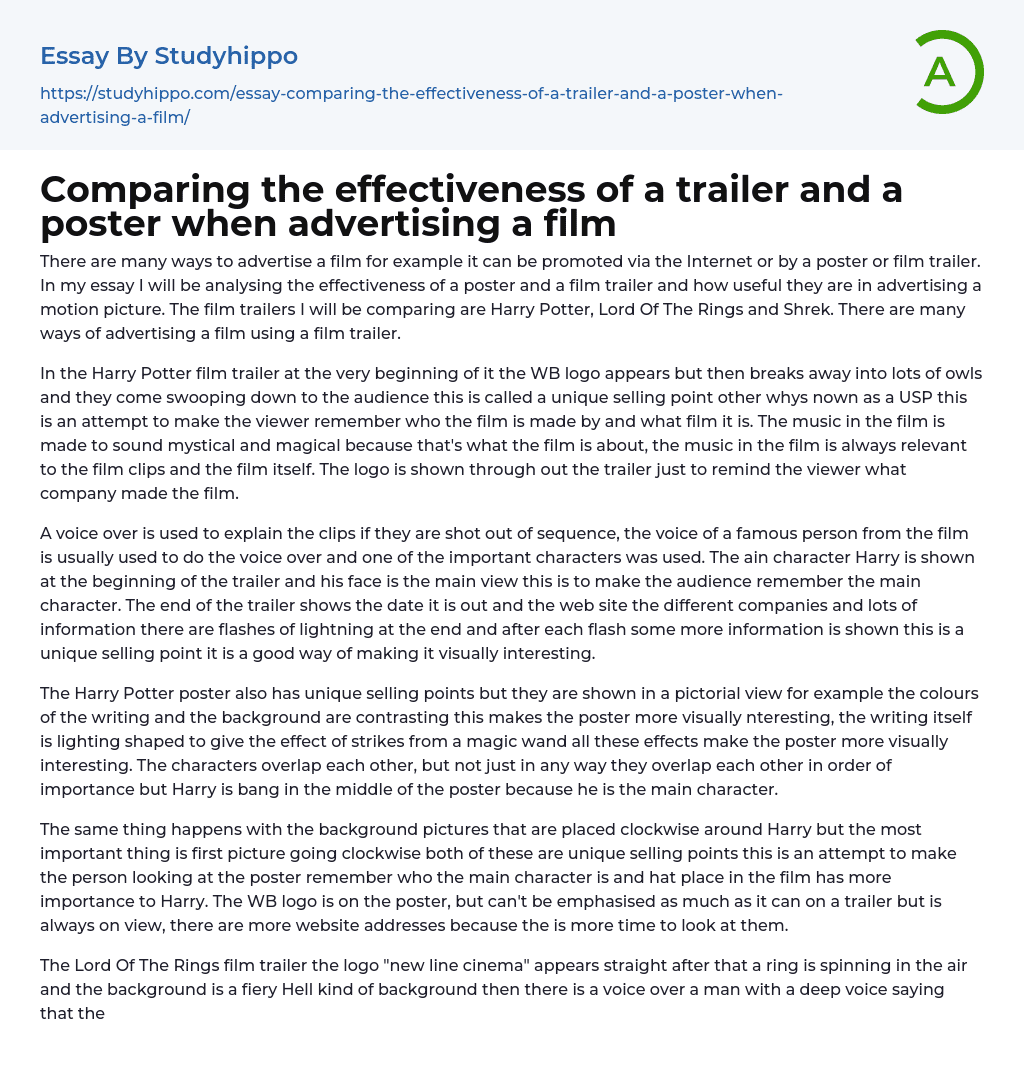 Comparing the effectiveness of a trailer and a poster when advertising a film Essay Example