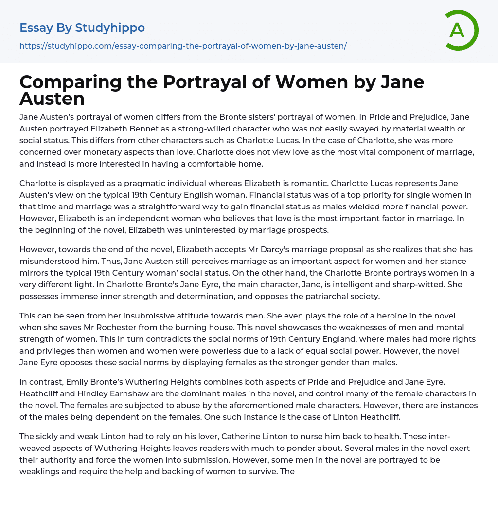 Comparing the Portrayal of Women by Jane Austen Essay Example
