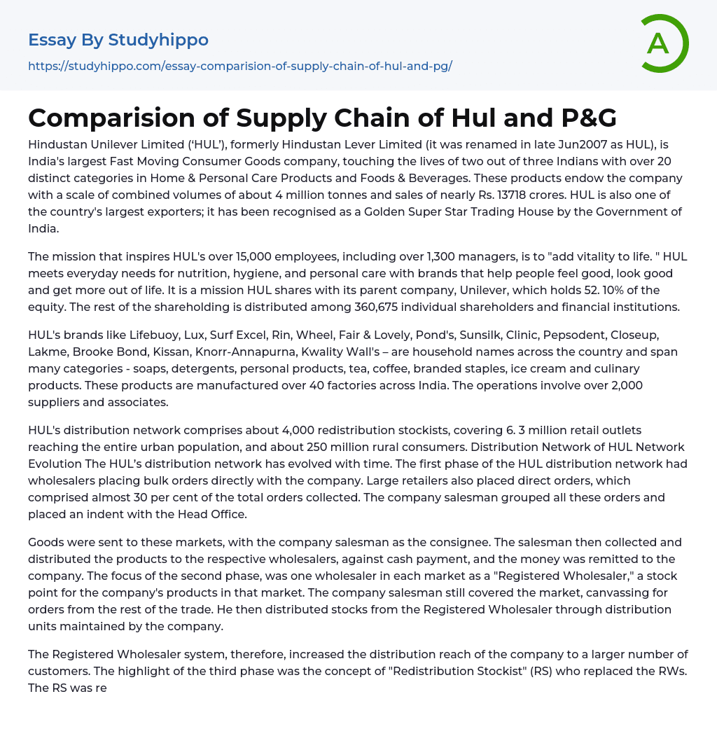 Comparision of Supply Chain of Hul and P&G Essay Example