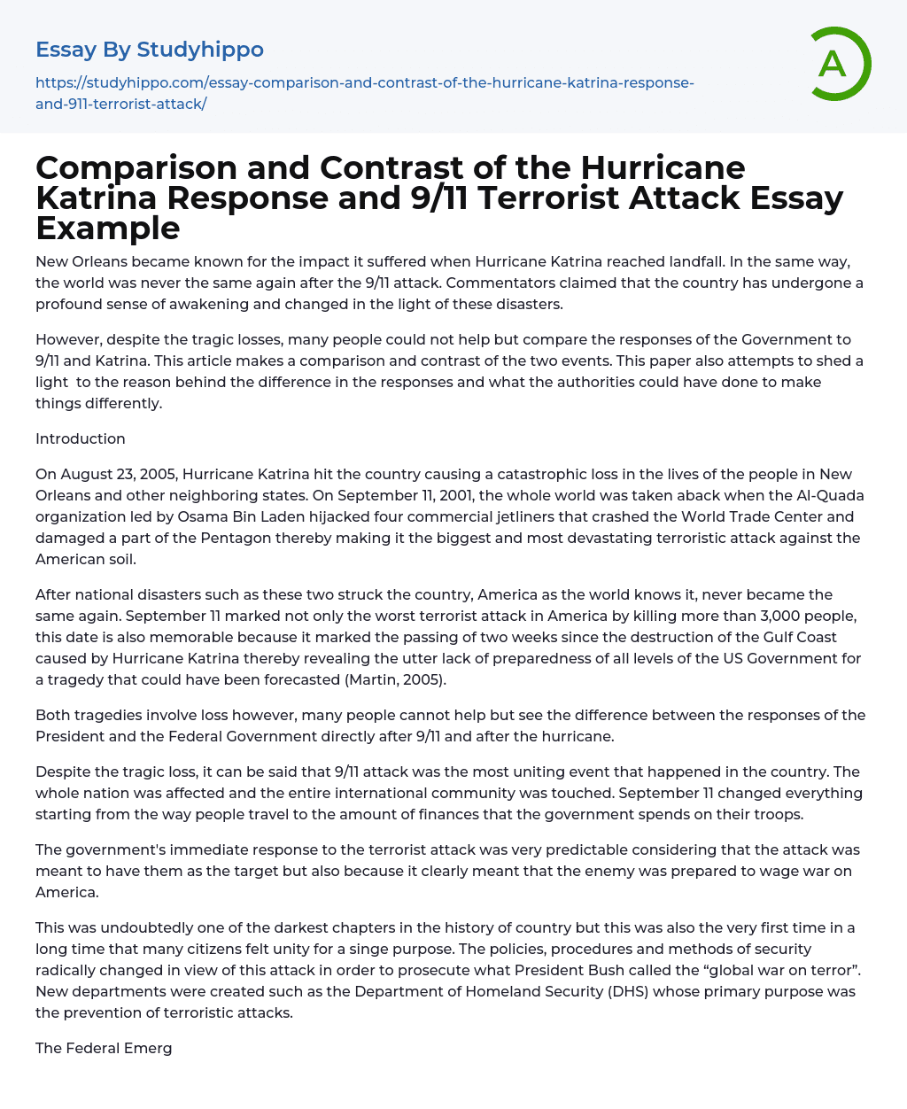 Comparison and Contrast of the Hurricane Katrina Response and 9/11 Terrorist Attack Essay Example