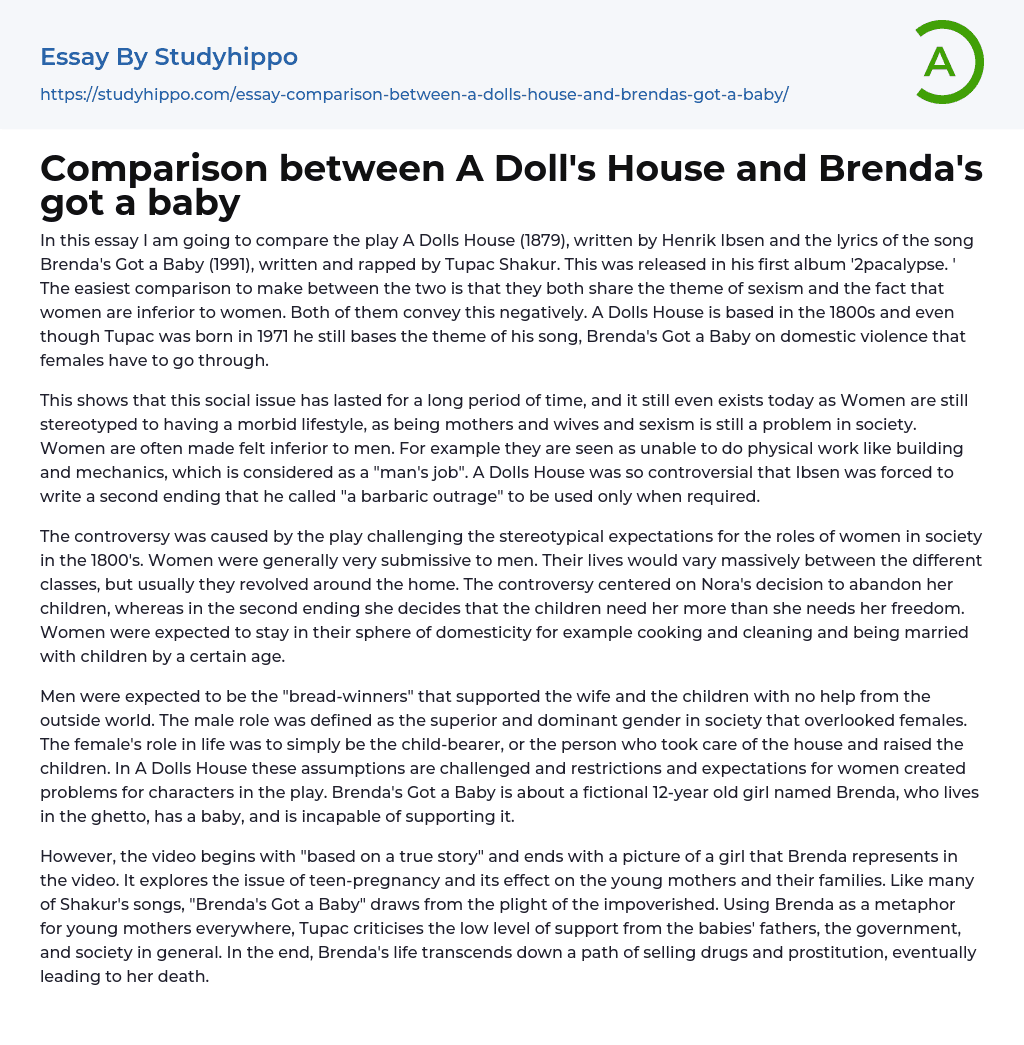 Comparison between A Doll’s House and Brenda’s got a baby Essay Example