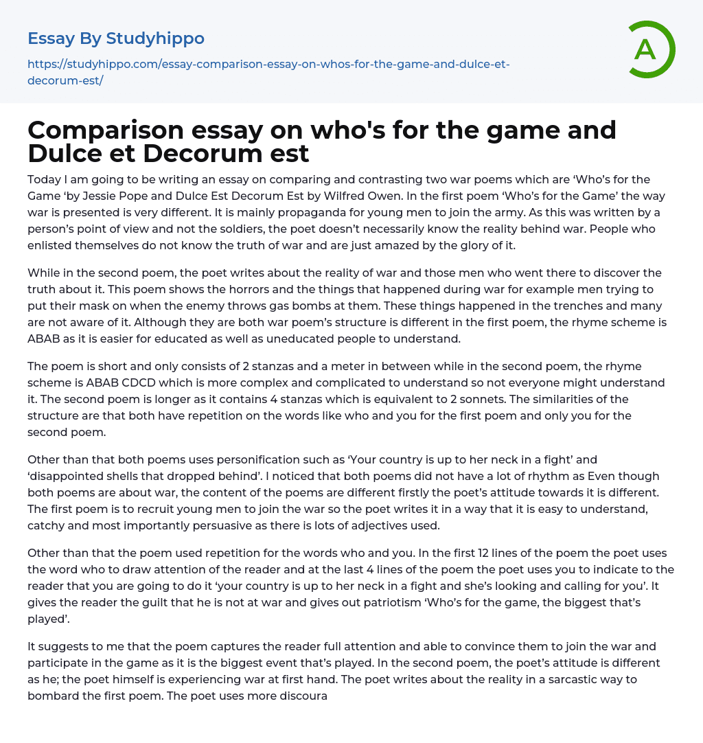 Comparison essay on who’s for the game and Dulce et Decorum est
