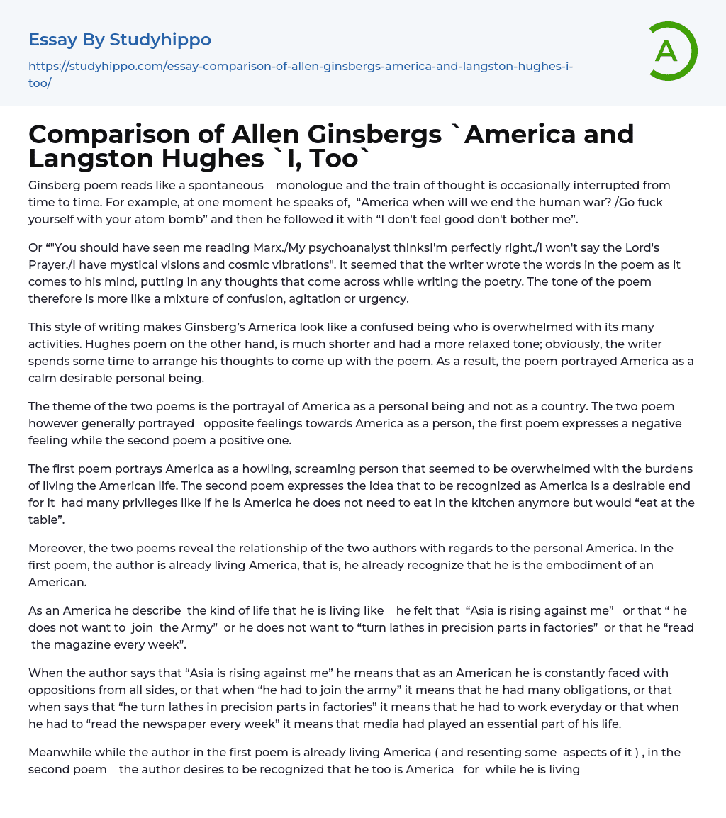 Comparison of Allen Ginsbergs `America and Langston Hughes `I, Too` Essay Example