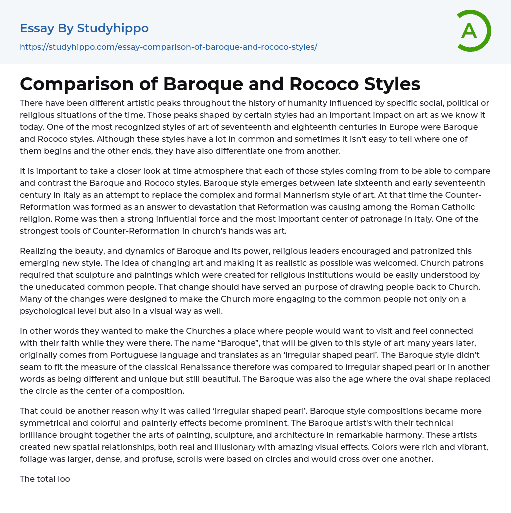 Comparison of Baroque and Rococo Styles Essay Example