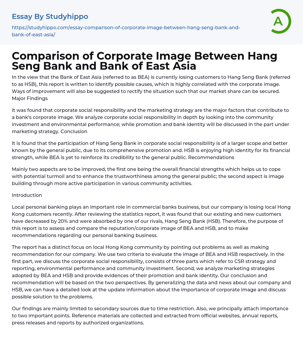 Comparison of Corporate Image Between Hang Seng Bank and Bank of East Asia Essay Example